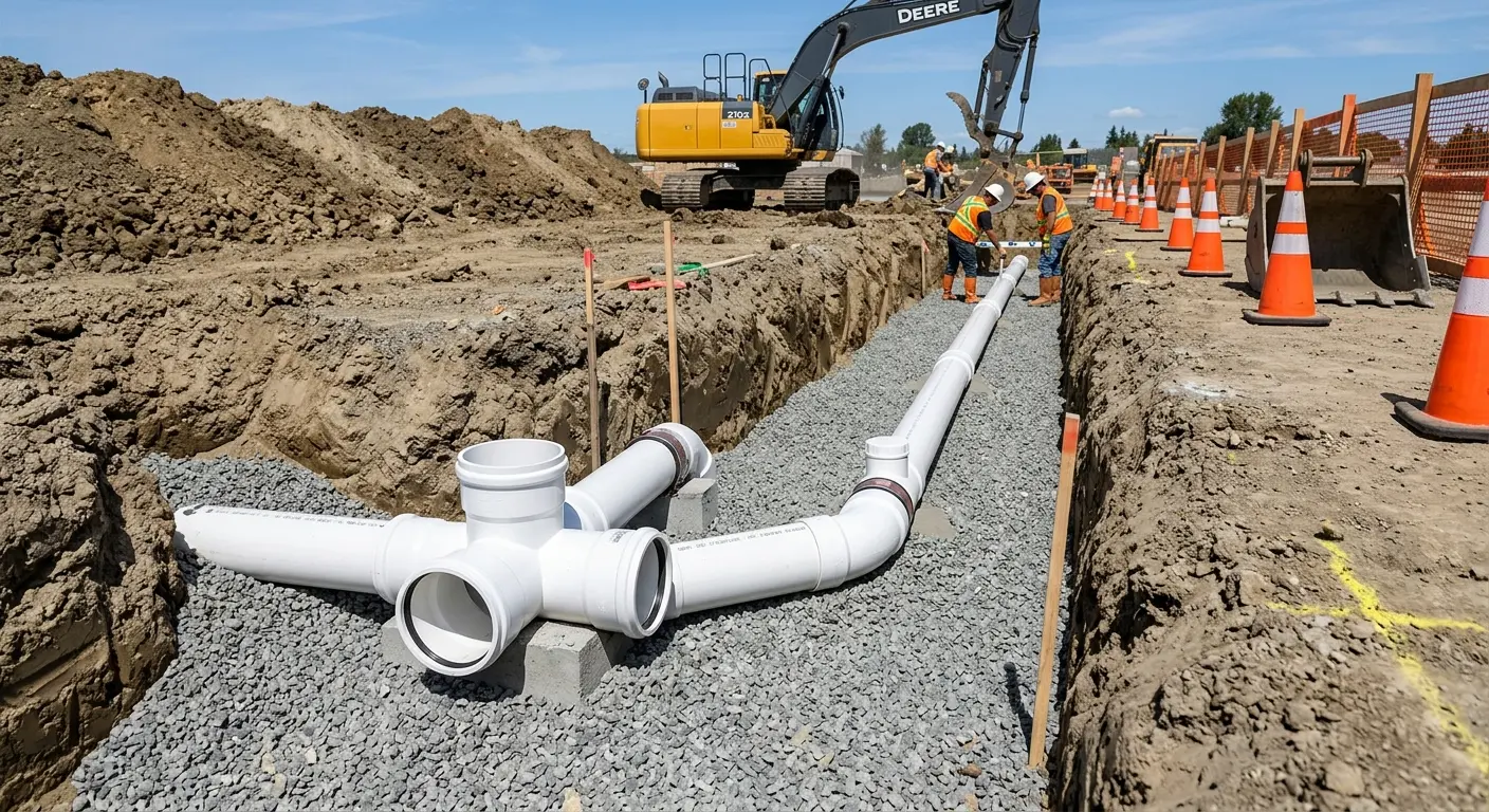 New PVC sewer pipe installation in open trench for Sewer Backup in Cocoa