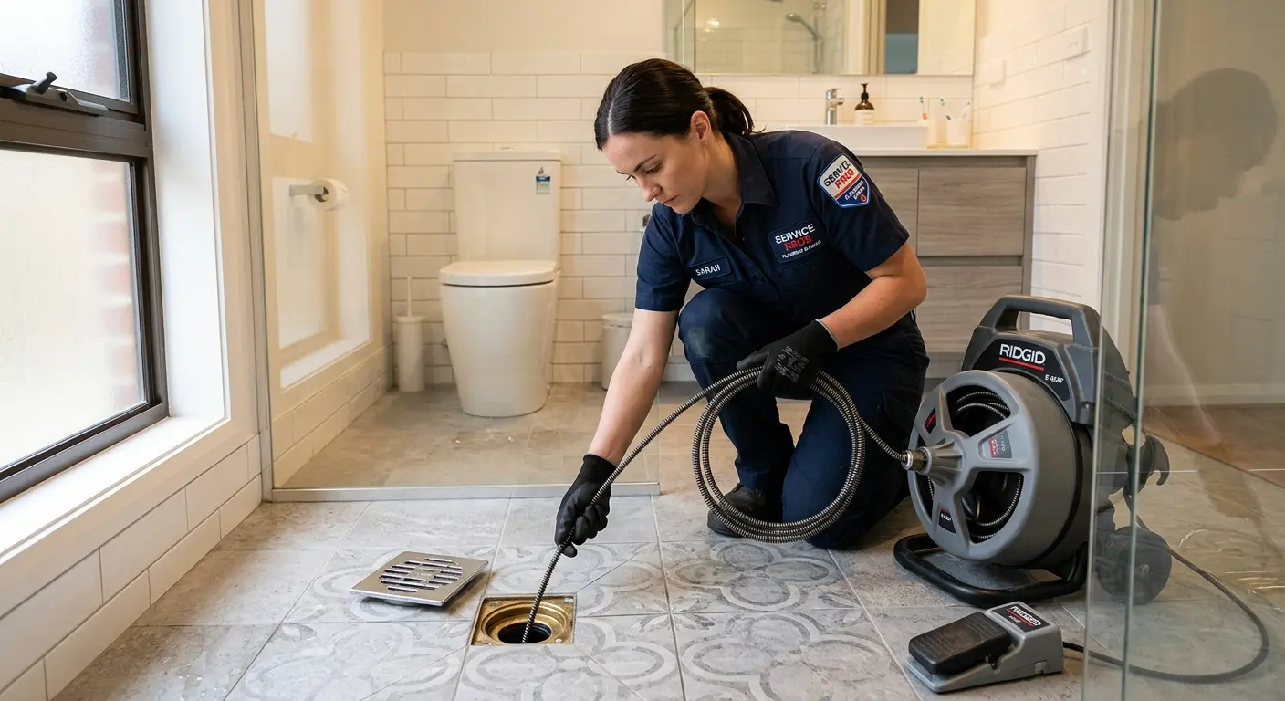 Technician clearing a bathroom floor drain for Drain Cleaning in Cocoa